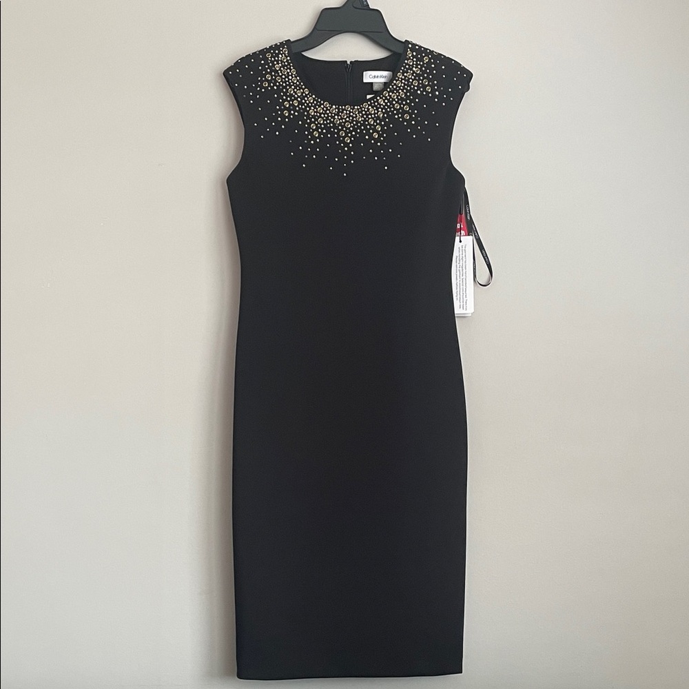 Calvin Klein Black Midi Dress with Gold Detailing Size 2